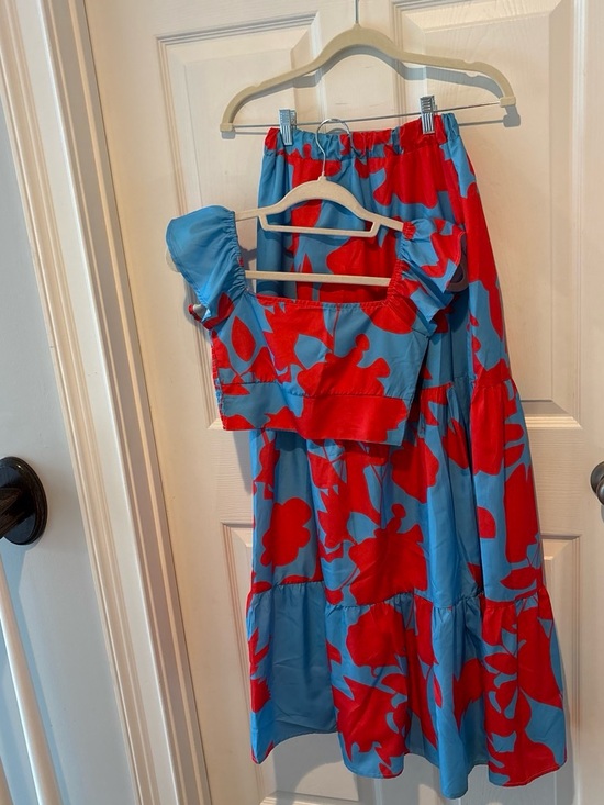 Amazon Tops - Amazon Blue Crop Top with Red Floral Print and Ruffled Sleeves